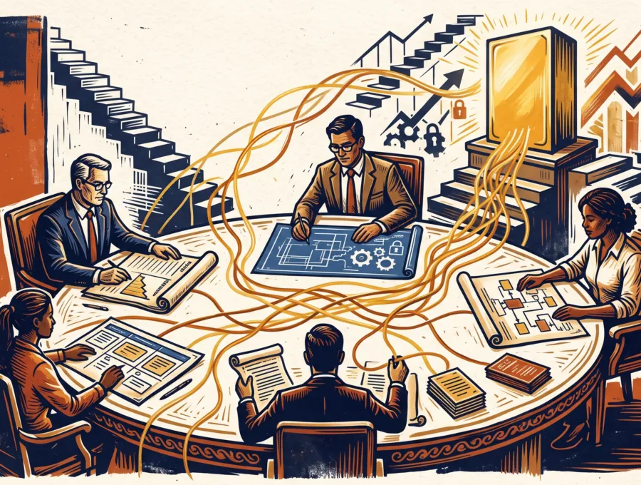Illustration of a team around a table reviewing plans connected by lines to a staircase and a doorway