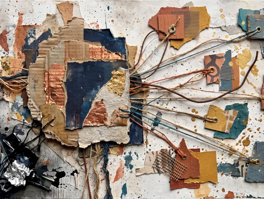Collage of torn paper fragments pinned to a wall and connected by threads
