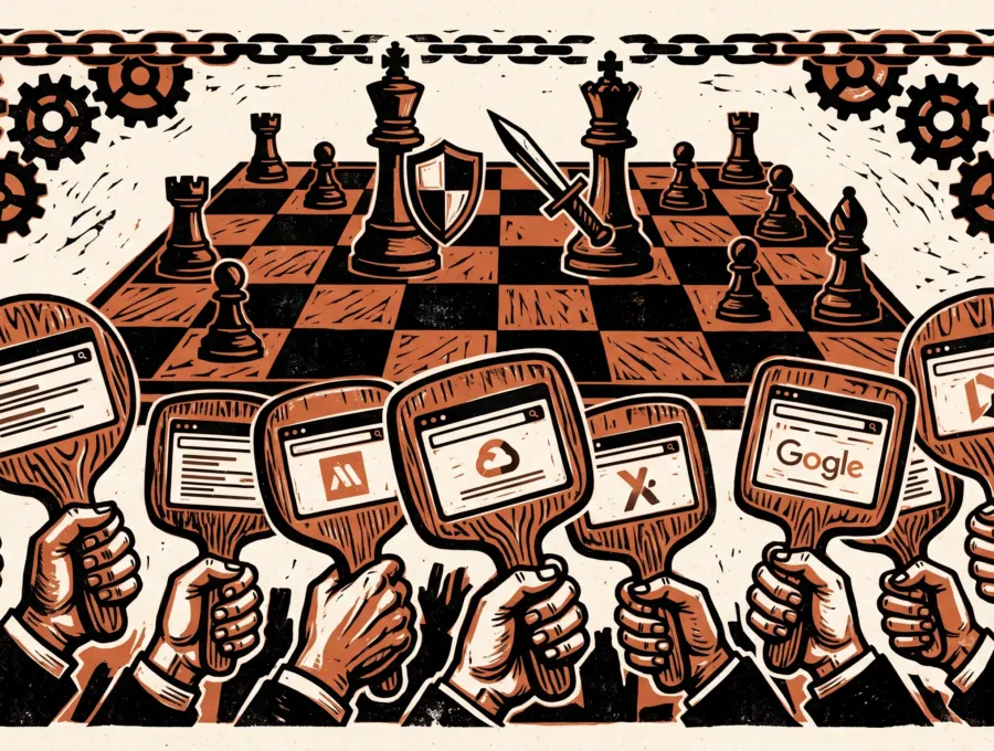 Illustration of hands raising auction paddles marked with search ad icons over a chessboard