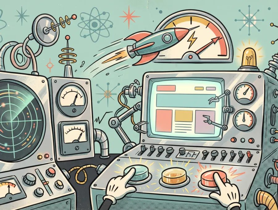 Cartoon illustration of a control panel with dials and gauges, a monitor and a rocket taking off