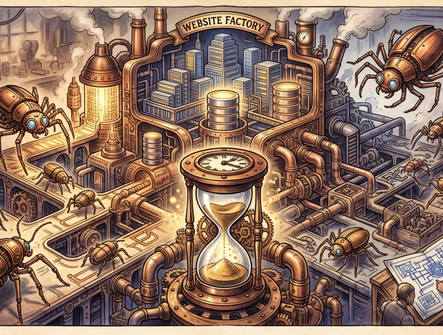 Steampunk illustration of an hourglass in a pipe-filled factory with spider-like crawlers