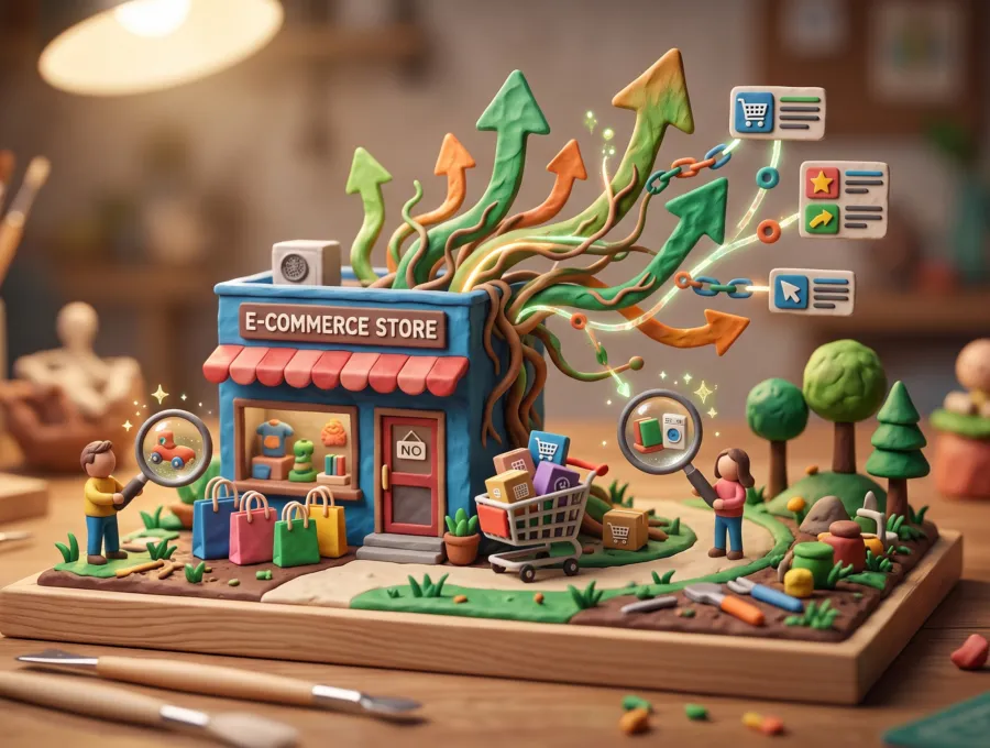 Paper-cut diorama of an online store with arrows, charts and shoppers rising from a desk