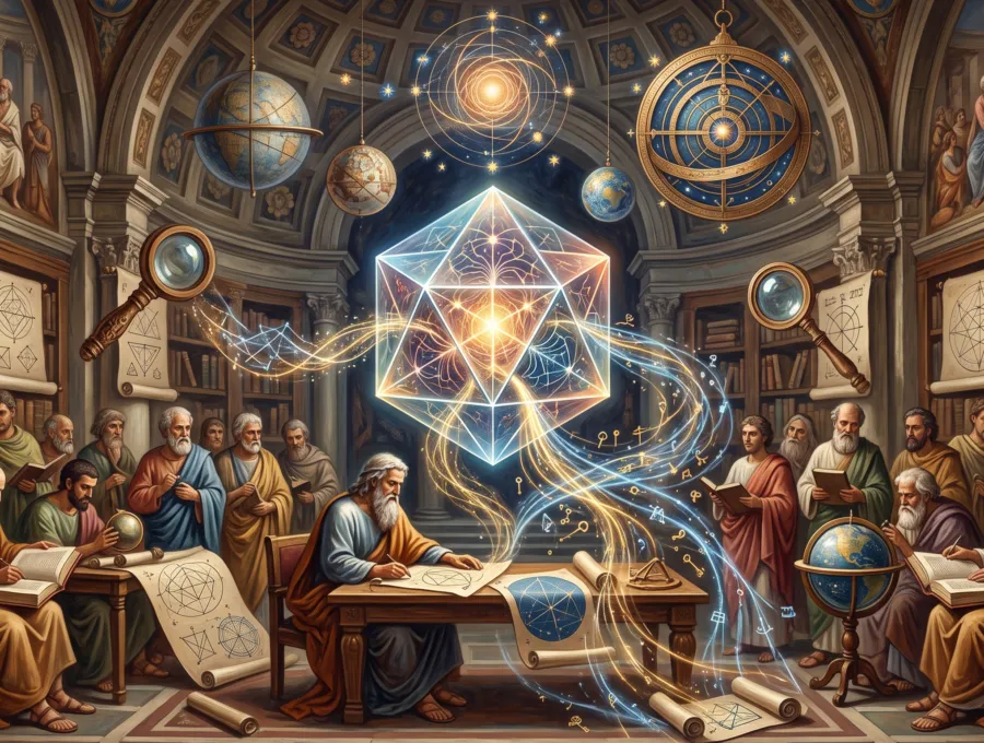 Illustration of scholars in a library observing a glowing geometric crystal and star charts