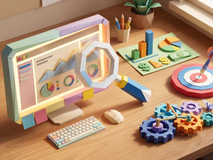 Paper-cut illustration of a desktop screen showing charts beside gears, a target and a magnifying glass