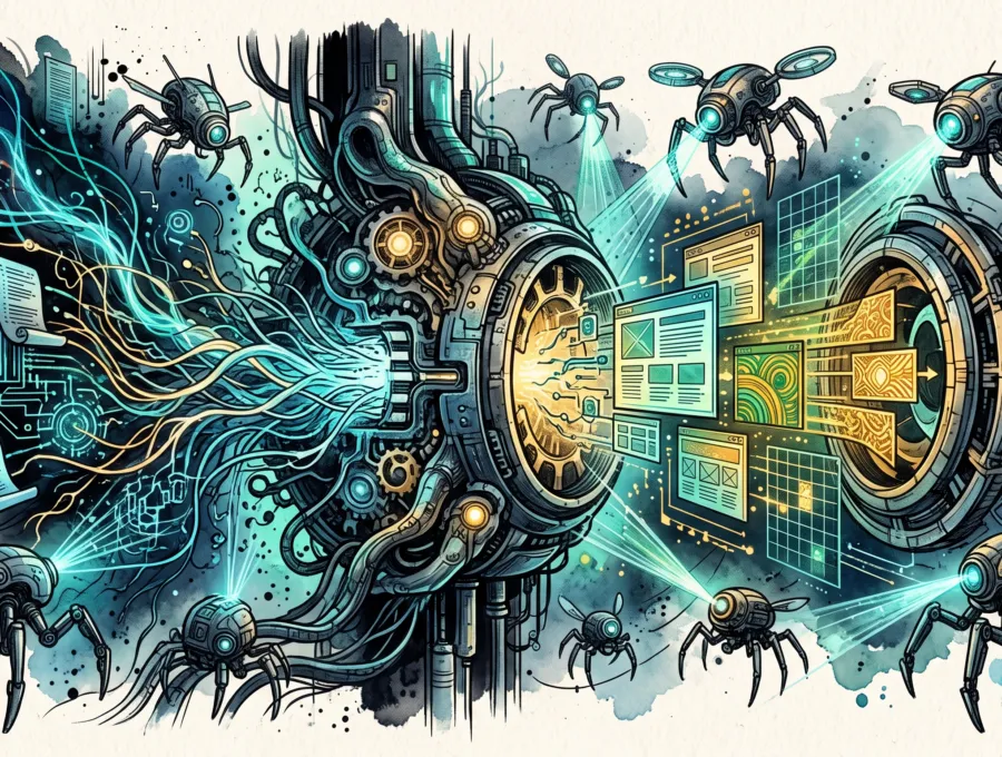 Illustration of a glowing mechanical engine with cables and screens surrounded by insects