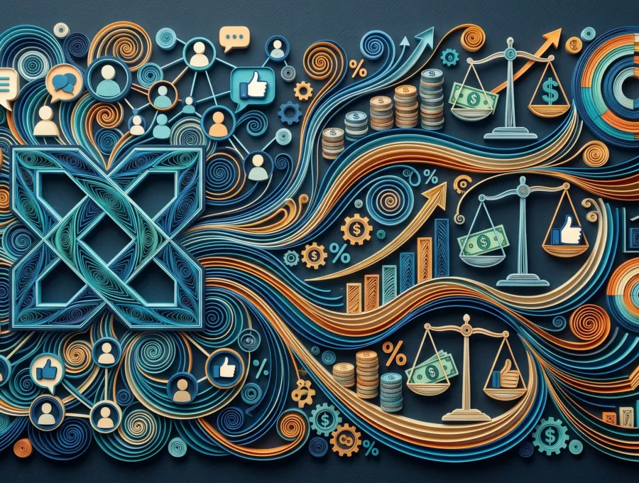Illustration of coins, balance scales and profile icons woven through swirling ribbons