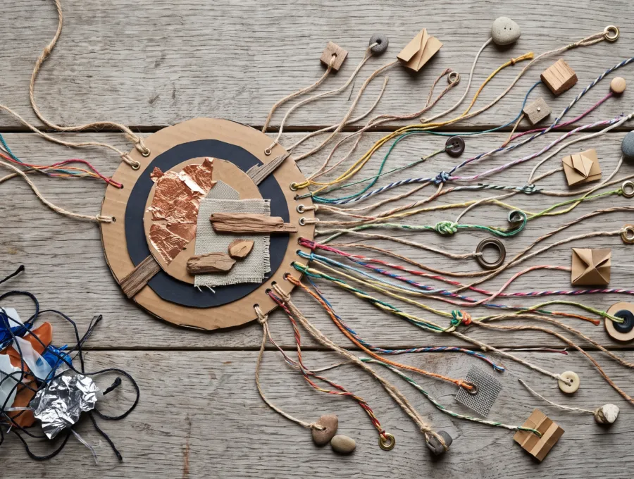 Threads running from a central wooden target to small objects spread across a wooden table