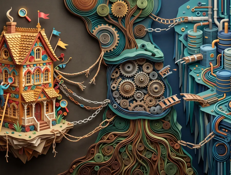 Paper-cut illustration of a house connected to gears, chains and circuit boards
