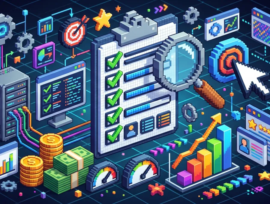 Illustration of on-screen checklists with a magnifying glass, coins, gears and a rising bar chart