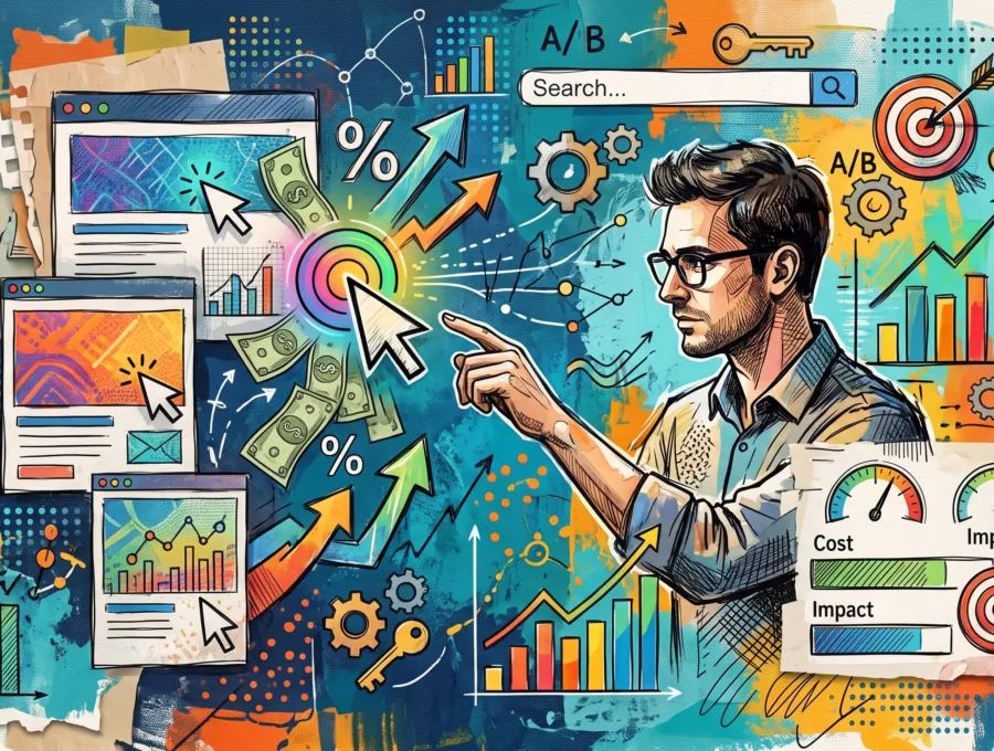 Illustration of a man pointing at a wall of ad campaign charts, A/B test cards and performance gauges