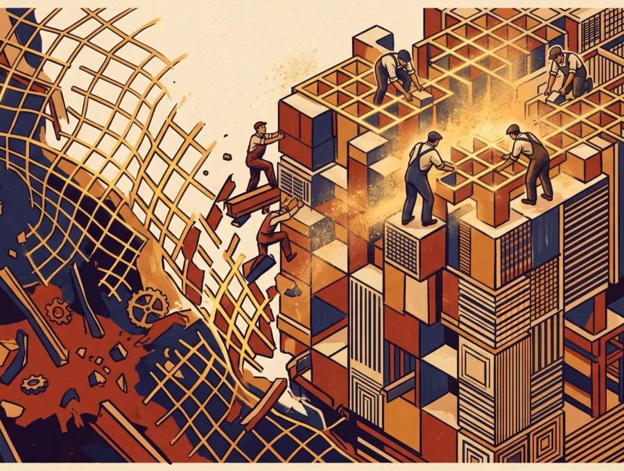 Illustration of workers assembling geometric blocks along a grid lattice