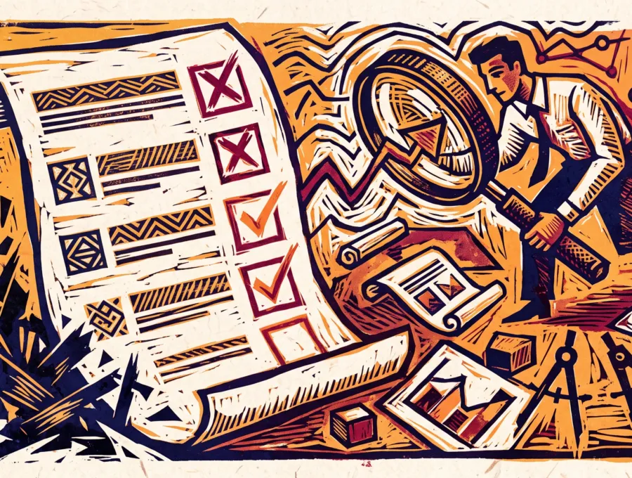 Woodcut-style illustration of a man ticking items on a checklist with a magnifying glass