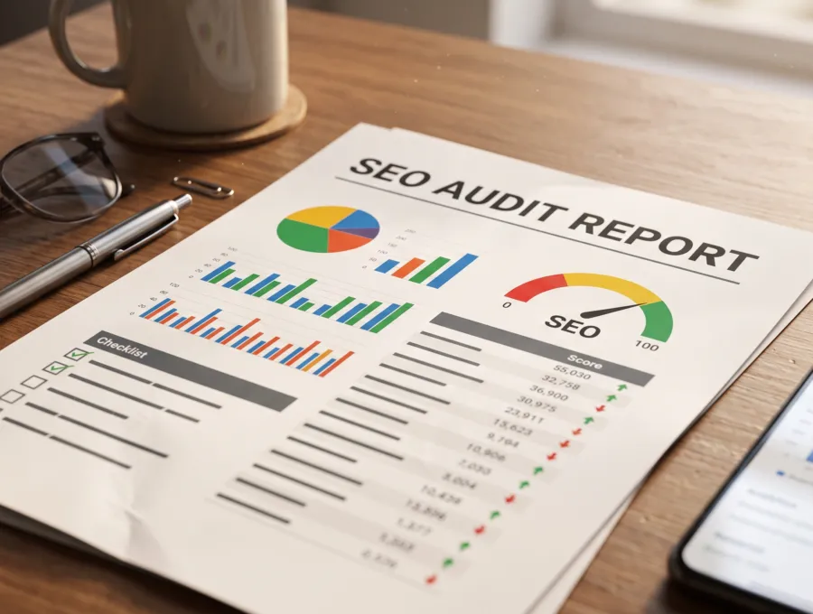 Printed SEO audit report with pie charts and bar graphs on a desk beside a coffee cup