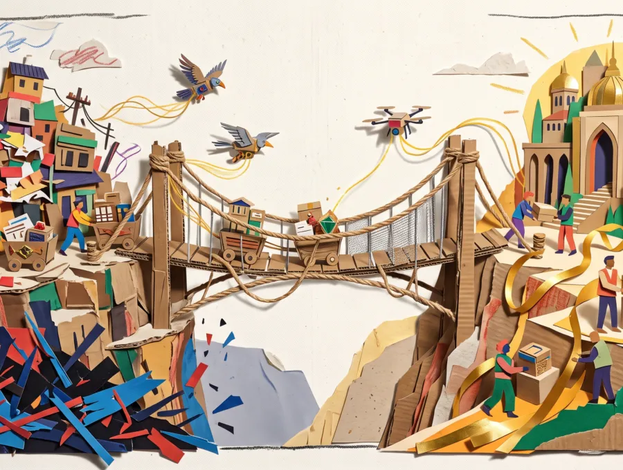 Paper-cut illustration of people carrying boxes across a bridge from an old city to a new one