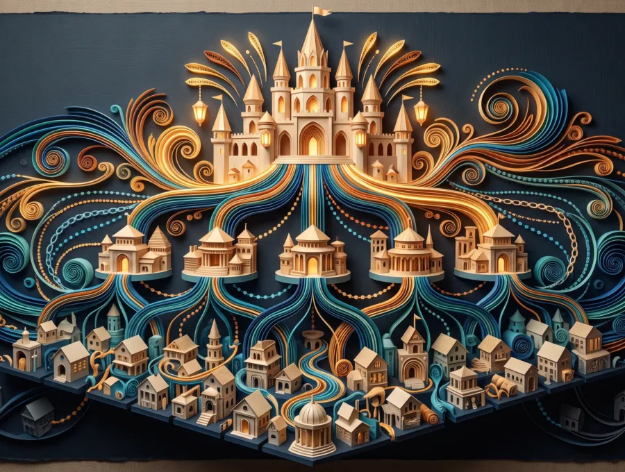 Illustration of an ornate castle city built on a layered platform with buildings at each level