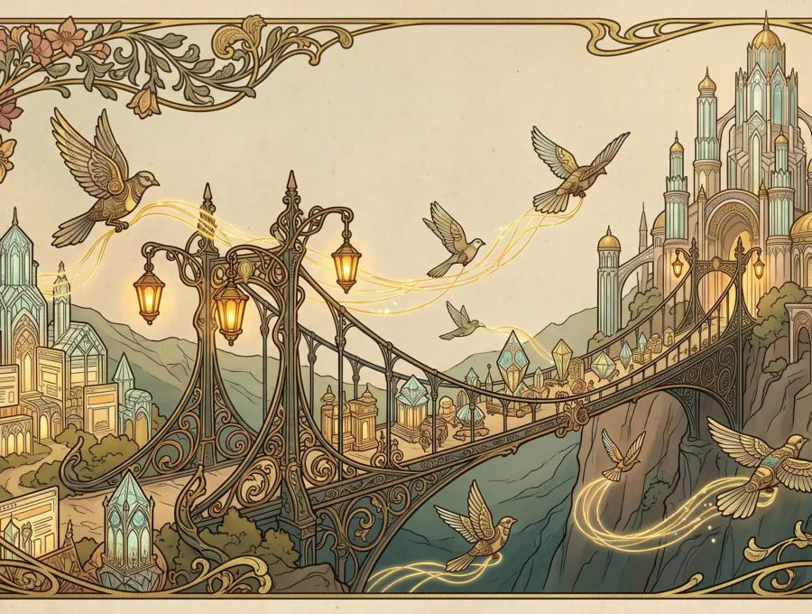 Art nouveau-style illustration of a bridge between two cities with birds in flight