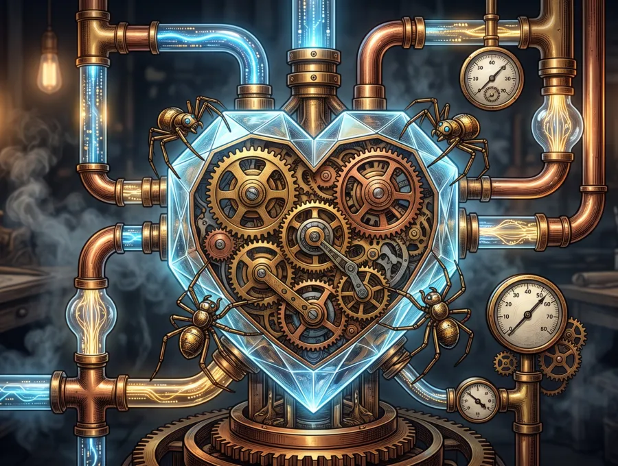 Illustration of a glass heart filled with gears connected to copper pipes and gauges